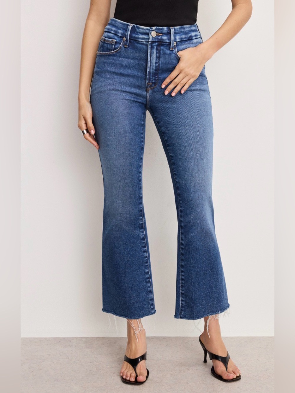 Good American Good Legs Crop Mini Boot Jeans Size 0 Blue High Rise Raw Hem
